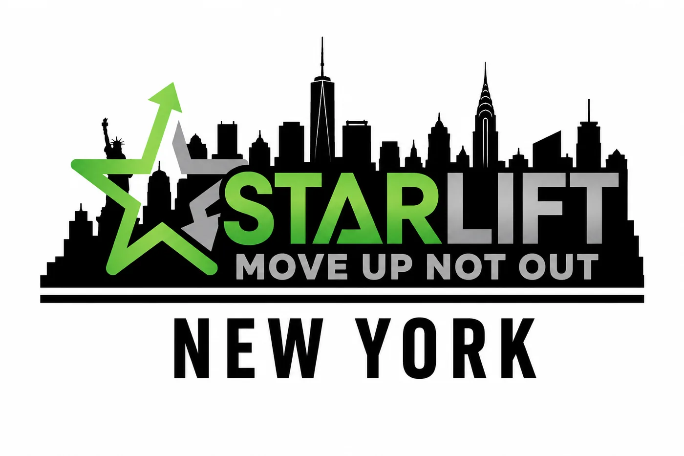 Star Lift New York Lift Installation Logo Star Lift New York logo featuring the New York City skyline with green and silver branding and the slogan “Move Up Not Out.”