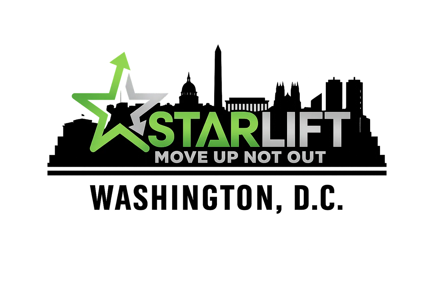 Star Lift Washington D.C. Stair Lift Installation Logo Star Lift Washington D.C. logo featuring the Washington skyline with green and silver branding and the slogan “Move Up Not Out.”
